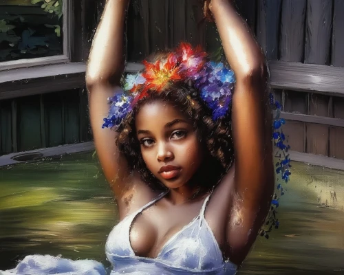 polynesian girl,oil painting on canvas,african american woman,linden blossom,oil painting,afro american girls,west indian jasmine,girl in a wreath,beautiful african american women,digital painting,relaxed young girl,girl in flowers,girl in the garden,flower girl,fantasy art,photo painting,world digital painting,fantasy portrait,oil on canvas,oil paint,Illustration,Paper based,Paper Based 03