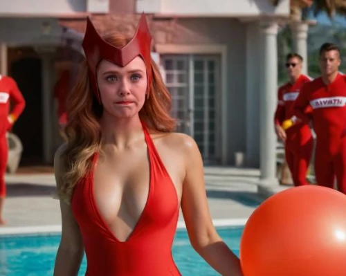 lifeguard,red balloons,money heist,scarlet witch,life guard,red balloon,hard candy,swim cap,motorboat sports,fantasy woman,red super hero,inflatable,latex clothing,motor boat race,redcock,water balloon,pool ball,dodgeball,xmen,red cap