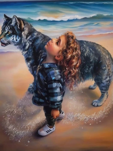 girl with dog,boy and dog,little girl in wind,oil painting on canvas,oil painting,oil on canvas,girl with a dolphin,kelpie,child portrait,carol colman,girl on the dune,bohemian shepherd,finnish lapphund,companion dog,art painting,swedish lapphund,howling wolf,wolf couple,child playing,surrealism,Illustration,Paper based,Paper Based 04