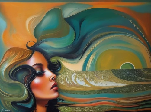 oil painting on canvas,psychedelic art,glass painting,wind wave,art deco woman,siren,swirling,oil painting,the wind from the sea,oil on canvas,art painting,woman thinking,fluid flow,ocean waves,rainbow waves,green mermaid scale,meticulous painting,rogue wave,water waves,coral swirl,Illustration,Paper based,Paper Based 04