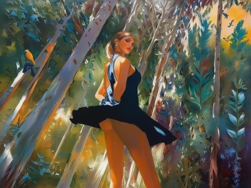 ballerina in the woods,girl with tree,girl in the garden,oil painting,woman walking,in the forest,girl in a long dress,girl walking away,the girl next to the tree,girl in a long,girl on the river,dancer,forest walk,oil painting on canvas,female runner,carol m highsmith,oil on canvas,carol colman,han thom,radha,Illustration,Paper based,Paper Based 04