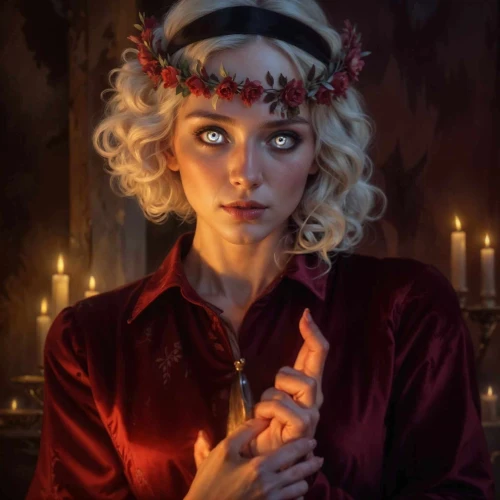 wallis day,fire angel,psychic vampire,christmas angel,vampire woman,vampire lady,burning candle,candlelight,vampire,christmas woman,retro christmas lady,candlemaker,fantasy portrait,fire artist,queen of hearts,candlelights,maraschino,evil woman,candle,devil