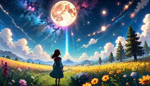 fairy galaxy,moon and star background,dream world,cosmos,falling stars,star sky,the moon and the stars,stars and moon,falling star,colorful stars,fantasy picture,cosmos field,magical,fairy world,rainbow and stars,moon and star,universe,fantasia,celestial,blooming field,Anime,Anime,Cartoon