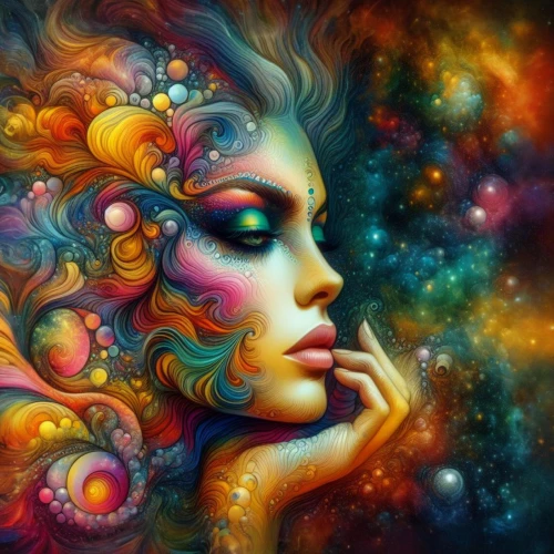 psychedelic art,cosmic flower,fractals art,colorful spiral,fantasy art,psychedelic,colorful background,mystical portrait of a girl,cosmic eye,boho art,fantasy portrait,nebula,cosmic,astral traveler,imagination,fairy galaxy,universe,inner space,woman thinking,the festival of colors