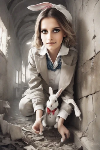 white rabbit,alice in wonderland,gray hare,easter bunny,alice,white bunny,american snapshot'hare,photoshop manipulation,bunny,rabbits and hares,rabbits,photo manipulation,rabbit,little rabbit,children's background,little bunny,cottontail,image manipulation,hare,children's fairy tale,Digital Art,Poster