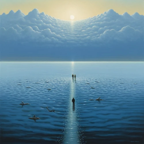 surrealism,adrift,seascape,the endless sea,surrealistic,morning illusion,sea landscape,walk on water,the horizon,el salvador dali,parallel worlds,parallel world,salt-flats,dali,landscape with sea,blue planet,horizon,optical illusion,sea,ocean,Art,Artistic Painting,Artistic Painting 48