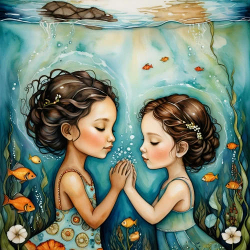 mermaids,watery heart,believe in mermaids,water connection,mermaid background,underwater background,two girls,under the water,water nymph,underwater world,water lotus,two fish,the people in the sea,under water,submerged,young couple,let's be mermaids,romantic scene,under the sea,synchronized swimming,Conceptual Art,Daily,Daily 34