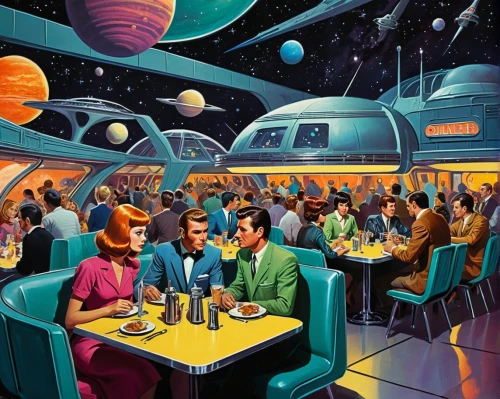 retro diner,diner,space tourism,sci fiction illustration,space voyage,teacups,epcot center,science-fiction,space art,space ships,drive in restaurant,science fiction,dining,astronomers,lost in space,epcot spaceship earth,epcot ball,rosa cantina,drinking establishment,food court,Conceptual Art,Sci-Fi,Sci-Fi 20