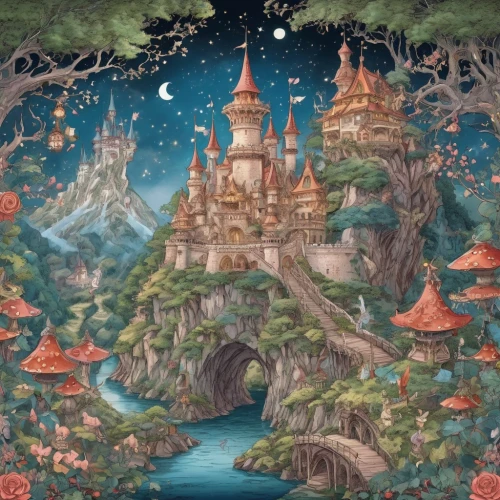 fairy village,fairy world,fairy tale castle,fairy forest,fantasy world,fairy house,fairytale castle,mushroom landscape,fairytale forest,fairy chimney,mushroom island,children's fairy tale,wishing well,fantasy landscape,fairy tale,enchanted forest,a fairy tale,fantasy city,studio ghibli,dream world,Illustration,Realistic Fantasy,Realistic Fantasy 02