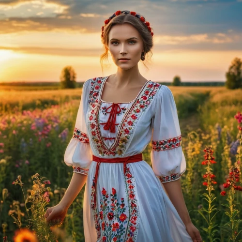 country dress,russian folk style,folk costume,ukrainian,folk costumes,girl in a long dress,beautiful girl with flowers,poland,puszta,countrygirl,ukraine,girl in flowers,old country roses,tatarstan,girl in a historic way,traditional costume,russian traditions,lithuania,bohemia,vintage dress,Photography,General,Realistic