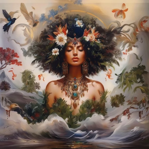 mother nature,mother earth,girl in a wreath,pachamama,flora,mystical portrait of a girl,sacred art,shamanic,girl in flowers,polynesian girl,kahila garland-lily,wreath of flowers,sacred lotus,deity,headdress,cleopatra,shamanism,spring equinox,polynesian,natura,Illustration,Paper based,Paper Based 04