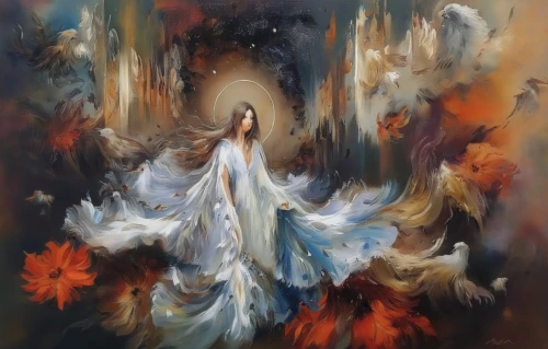 the angel with the veronica veil,oil painting on canvas,fantasy art,fantasy picture,oil painting,mystical portrait of a girl,the snow queen,baroque angel,amano,the prophet mary,flora,bridal veil,chinese art,faerie,the autumn,aporia,world digital painting,fantasy portrait,art painting,aura,Illustration,Paper based,Paper Based 04