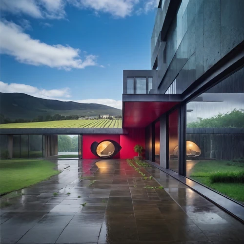 corten steel,mirror house,futuristic art museum,futuristic architecture,modern house,modern architecture,rain bar,cubic house,3d rendering,structural glass,glass facade,cube house,glass wall,digital compositing,roof landscape,archidaily,glass window,glass facades,aqua studio,futuristic landscape