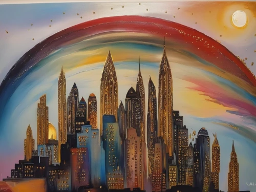 glass painting,city skyline,art painting,oil painting on canvas,metropolis,sky city,cityscape,fantasy city,panoramical,city cities,big apple,chrysler building,metropolises,skycraper,colorful city,painting technique,planet eart,city scape,gold foil art,meticulous painting,Illustration,Paper based,Paper Based 04