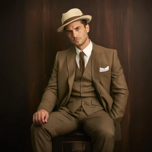 men's suit,gentleman icons,fedora,brown hat,al capone,gentlemanly,suit actor,gentleman,portrait background,the suit,wedding suit,aristocrat,male model,rio serrano,mafia,detective,businessman,trilby,men hat,brown fabric