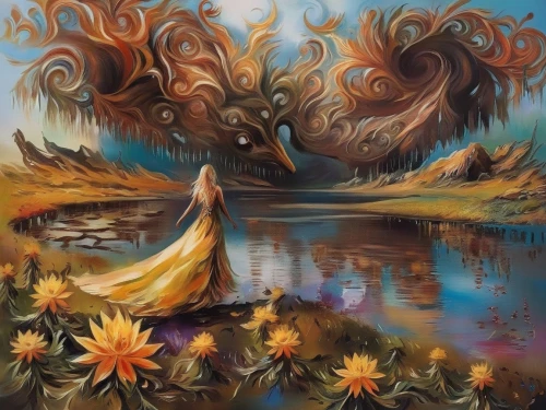 fantasy art,fantasy picture,celtic tree,oil painting on canvas,flourishing tree,fractals art,sunflowers in vase,psychedelic art,mother earth,fantasy landscape,surrealism,mushroom landscape,art painting,colorful tree of life,boho art,magic tree,the wind from the sea,khokhloma painting,mirror of souls,mantra om,Illustration,Paper based,Paper Based 04