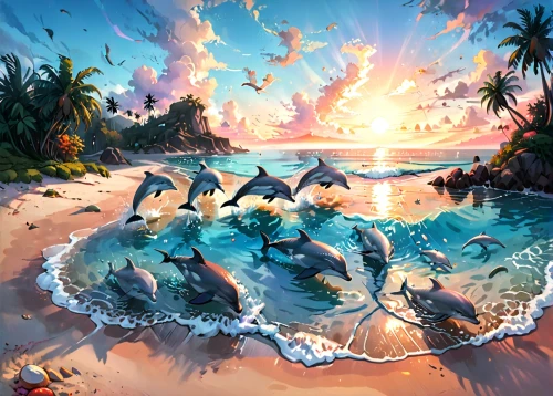 dolphin background,ocean paradise,dolphin coast,mermaid background,ocean background,dolphins in water,tropical sea,tropical birds,delight island,playmat,dolphins,south seas,birds of the sea,underwater oasis,sea birds,oceanic dolphins,diamond lagoon,mermaid scales background,dolphin-afalina,tropical island,Anime,Anime,Cartoon