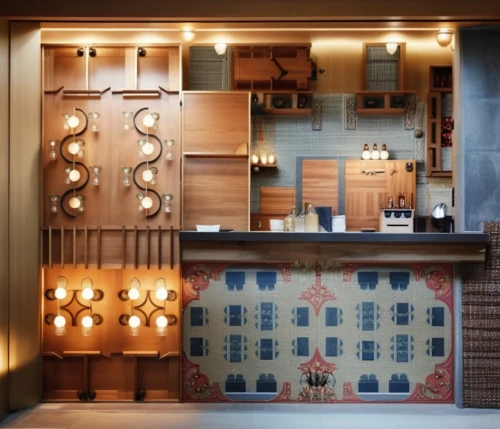 japanese-style room,china cabinet,tile kitchen,japanese paper lanterns,under-cabinet lighting,patterned wood decoration,dolls houses,room divider,boutique hotel,kitchenette,vintage kitchen,cabinets,kitchen design,ryokan,pantry,kitchen cabinet,cabinetry,kitchen shop,izakaya,wooden shutters,Photography,General,Realistic