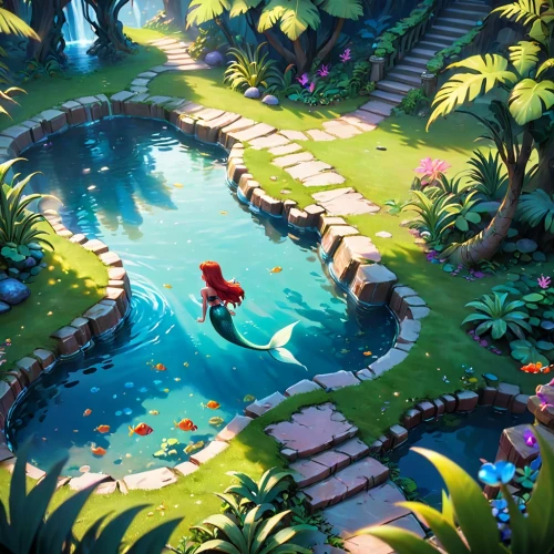 koi pond,wishing well,garden pond,fish pond,underwater oasis,little mermaid,pond,lilly pond,studio ghibli,game illustration,fantasia,fairy world,lily pond,swim ring,idyllic,lagoon,swimming pool,cg artwork,crescent spring,monkey island,Anime,Anime,Cartoon