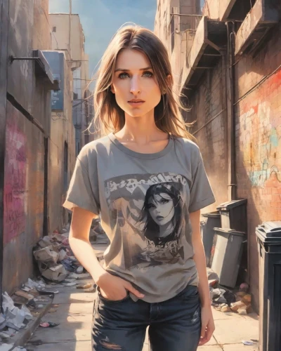 girl in t-shirt,tshirt,tee,isolated t-shirt,in a shirt,portrait background,girl with a gun,girl with gun,girl in a historic way,young model istanbul,on the street,girl walking away,art model,photo session in torn clothes,jeans background,t shirt,photo painting,street artist,alley cat,graffiti,Digital Art,Watercolor