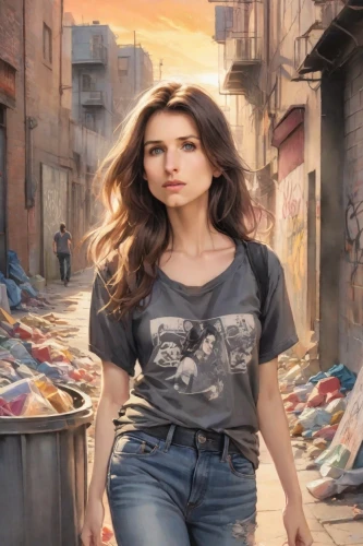 girl in t-shirt,waste collector,garbage collector,world digital painting,rubbish collector,digital compositing,photo painting,italian painter,photo session in torn clothes,girl in a historic way,street artist,cleaning woman,street artists,woman walking,haifa,hollywood actress,city ​​portrait,photoshop manipulation,oil painting,image manipulation,Digital Art,Watercolor