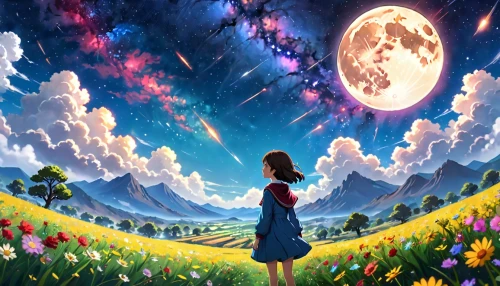 fairy galaxy,dream world,cosmos field,cosmos,cosmos wind,fairy world,studio ghibli,universe,blooming field,gaia,moon and star background,flowers celestial,falling stars,sky rose,star sky,children's background,fantasy picture,wonderland,dandelion meadow,the moon and the stars,Anime,Anime,Traditional