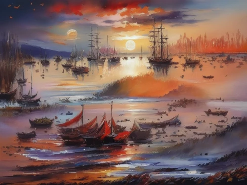 sailing ships,fantasy landscape,harbor cranes,sea sailing ship,sailing boats,sea landscape,sailing ship,sailboats,harbor,boat landscape,world digital painting,chinese art,pirate ship,sea fantasy,three masted sailing ship,fishing boats,sail ship,oriental painting,coastal landscape,fantasy picture,Illustration,Paper based,Paper Based 04