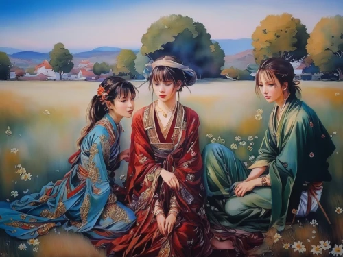 chinese art,oriental painting,japanese art,korean culture,dongfang meiren,japanese culture,asian culture,khokhloma painting,mother with children,vietnamese woman,oriental,oil painting on canvas,japanese woman,women at cafe,shirakami-sanchi,inner mongolian beauty,taiwanese opera,yi sun sin,three flowers,yunnan,Illustration,Paper based,Paper Based 04