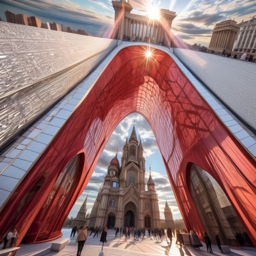 the dubai mall entrance,cologne cathedral,toronto city hall,matthias church,moscow,moscow city,tower bridge,red milan,under the moscow city,futuristic architecture,montreal,red square,the red square,temple fade,futuristic art museum,pointed arch,saint basil's cathedral,shard of glass,blood church,ekaterinburg