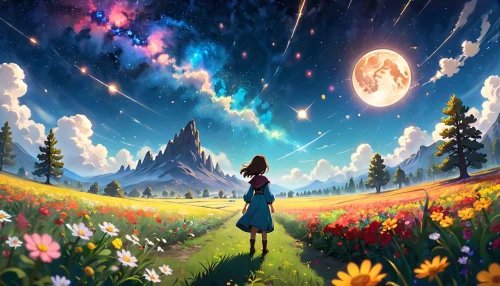 moon and star background,fairy galaxy,blooming field,dream world,cosmos field,falling stars,colorful stars,field of flowers,rainbow and stars,fantasy picture,star sky,cosmos,springtime background,world digital painting,stars and moon,the moon and the stars,falling star,children's background,dandelion meadow,fairy world,Anime,Anime,Cartoon