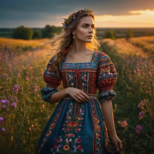 country dress,girl in a long dress,beautiful girl with flowers,girl in flowers,russian folk style,ukrainian,vintage dress,countrygirl,romantic portrait,meadow flowers,vintage woman,field of flowers,girl in a historic way,a girl in a dress,mirror in the meadow,ukraine,summer meadow,girl in the garden,boho,young woman,Photography,General,Fantasy