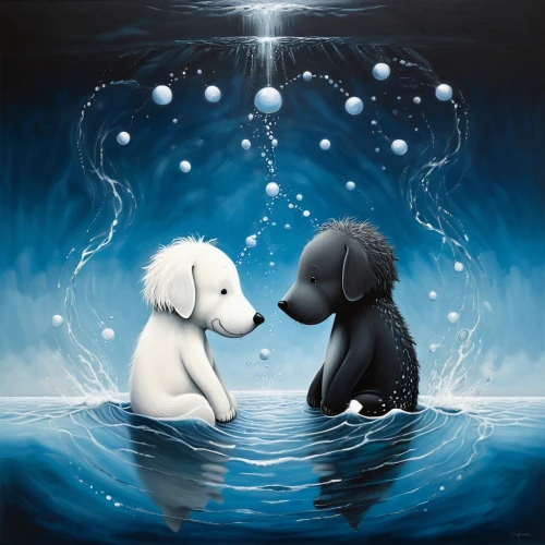 dog illustration,dog in the water,puppy love,companion dog,labrador retriever,companionship,water dog,two dogs,canina,rescue dogs,whimsical animals,retriever,playing dogs,cute cartoon image,yinyang,playing puppies,dog pure-breed,color dogs,cute animals,puppies,Illustration,Abstract Fantasy,Abstract Fantasy 22