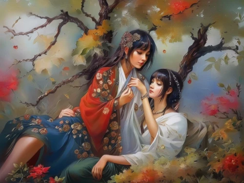 chinese art,oriental painting,young couple,dongfang meiren,romantic portrait,romantic scene,korean culture,japanese art,autumn idyll,rou jia mo,fantasy picture,two girls,girl and boy outdoor,oriental,viet nam,art painting,luo han guo,asian culture,yi sun sin,nước chấm,Illustration,Paper based,Paper Based 04