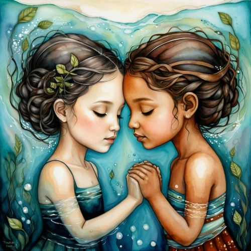 watery heart,little girl and mother,two girls,oil painting on canvas,water connection,mermaids,little boy and girl,believe in mermaids,little girls,harmony,tenderness,little angels,water lotus,water pearls,the hands embrace,water nymph,boho art,baby bathing,oil painting,harmonious,Conceptual Art,Daily,Daily 34