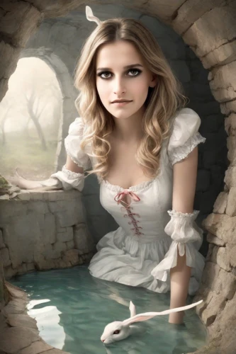 the blonde in the river,fairy tale character,alice,faery,fantasy picture,children's fairy tale,the girl in the bathtub,alice in wonderland,fairy tales,fairy tale,faerie,woman at the well,jessamine,wishing well,cinderella,fairytale characters,fantasy portrait,fairytales,mystical portrait of a girl,fantasy woman,Digital Art,Classicism