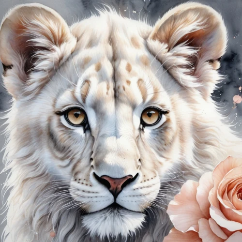 lion white,white lion,lionesses,white tiger,white lion family,panthera leo,white bengal tiger,two lion,flower animal,lions couple,oil painting on canvas,big cats,felidae,lioness,oil painting,female lion,animal portrait,flower painting,forest king lion,romantic portrait,Conceptual Art,Daily,Daily 13