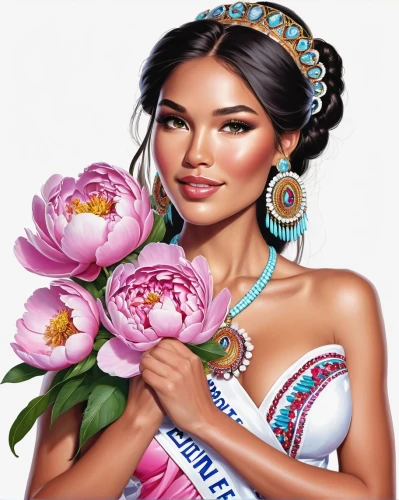 miss vietnam,filipino,west indian jasmine,pocahontas,miss universe,peruvian women,american indian,indian jasmine,women's cosmetics,african american woman,international women's day,asian woman,flowers png,vietnamese woman,rosa bonita,with a bouquet of flowers,oriental princess,native american,pageant,indonesian women,Illustration,Paper based,Paper Based 09