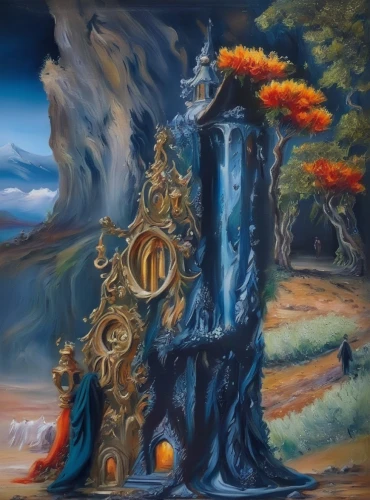 grandfather clock,fantasy art,surrealism,fairy chimney,clockmaker,horn of amaltheia,fantasy picture,throne,dali,el salvador dali,the throne,surrealistic,castle of the corvin,fantasy landscape,3d fantasy,fountain of the moor,tower of babel,fairy tale castle,the threshold of the house,witch's house,Illustration,Paper based,Paper Based 04