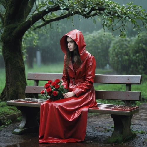 red rose in rain,red riding hood,little red riding hood,red coat,red rose,raincoat,red bench,lady in red,scarlet witch,man in red dress,red gown,rain suit,conceptual photography,red roses,red tablecloth,rouge,melancholy,red petals,fallen petals,in the rain,Conceptual Art,Fantasy,Fantasy 29