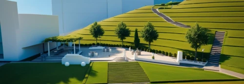 3d rendering,school design,virtual landscape,amphitheater,building valley,futuristic art museum,panoramical,roof landscape,futuristic landscape,archidaily,urban park,render,japanese zen garden,terraces,grass roof,kirrarchitecture,urban design,aa,landscape design sydney,3d rendered,Photography,General,Realistic