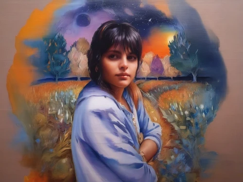mystical portrait of a girl,oil painting,girl in the garden,la violetta,fantasy portrait,oil on canvas,oil painting on canvas,girl portrait,portrait of a girl,girl with cloth,girl with cereal bowl,girl with tree,artist portrait,girl with bread-and-butter,girl in a long,photo painting,woman portrait,painting technique,girl in cloth,girl in flowers,Illustration,Paper based,Paper Based 04