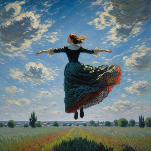 leap for joy,flying girl,little girl in wind,girl lying on the grass,flying dandelions,woman playing,flying seed,leaping,flying seeds,suitcase in field,flying,girl in a long dress,woman hanging clothes,leap,flying heart,girl in the garden,woman walking,flying carpet,ecstatic,flying disc,Art,Artistic Painting,Artistic Painting 04