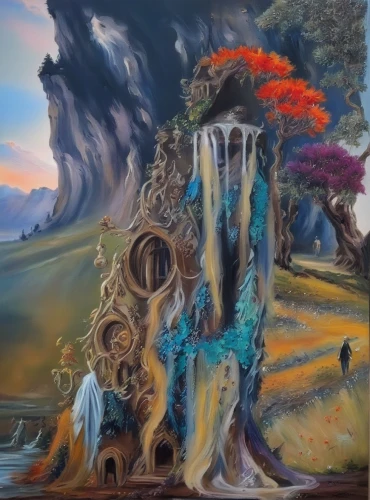fantasy picture,fantasy art,fairy house,fantasy landscape,harp with flowers,mushroom landscape,flotsam and jetsam,tree stump,surrealism,painted tree,shamanism,colorful tree of life,3d fantasy,celtic tree,mother earth,druid grove,meticulous painting,ghost forest,el salvador dali,faerie,Illustration,Paper based,Paper Based 04
