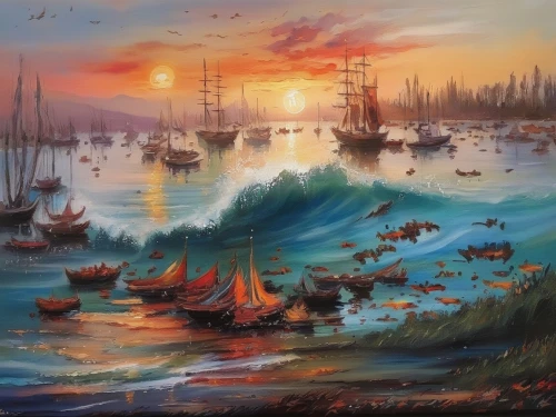 sea landscape,oil painting on canvas,sailing ships,sailing boats,fishing boats,sailboats,fantasy picture,shipwreck,coastal landscape,art painting,fantasy landscape,sea sailing ship,seascape,sea fantasy,fantasy art,landscape with sea,chinese art,boat landscape,harbor,oil painting,Illustration,Paper based,Paper Based 04