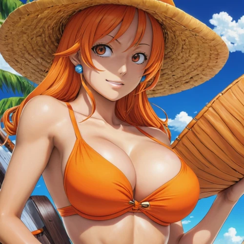 nami,straw hat,one piece,straw hats,one-piece swimsuit,summer background,onepiece,beach background,sun hat,coconut hat,orange,coconuts on the beach,high sun hat,summer hat,beach umbrella,summer icons,beach towel,oranges,parasol,beach scenery,Illustration,Japanese style,Japanese Style 18