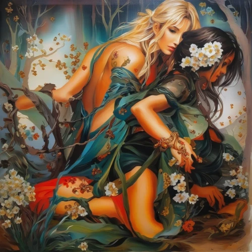 jessamine,adam and eve,fantasy art,secret garden of venus,oil painting on canvas,celtic woman,garden of eden,amorous,art painting,oil painting,romantic portrait,cupido (butterfly),italian painter,fantasy woman,romantic scene,faery,fantasy picture,oriental painting,femininity,young couple,Illustration,Paper based,Paper Based 04