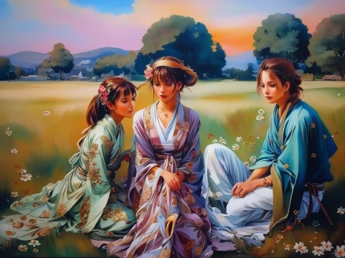 chinese art,japanese art,oriental painting,mother with children,oil painting on canvas,korean culture,japanese culture,oil painting,dongfang meiren,young women,mother and children,art painting,khokhloma painting,hanbok,japanese woman,ao dai,oriental,the three graces,tea ceremony,the mother and children,Illustration,Paper based,Paper Based 04