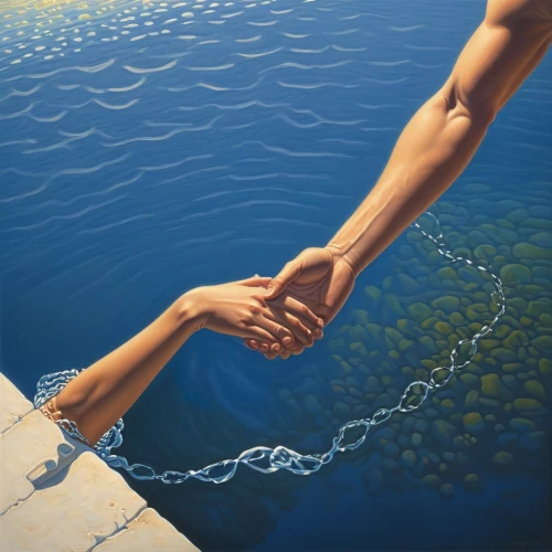 water connection,walk on water,the people in the sea,connecting,anchored,drowning,intertwined,crossed,the body of water,oil painting on canvas,hold hands,ripple,river of life project,hand in hand,watery heart,waterglobe,helping hands,adrift,holding hands,afloat,Conceptual Art,Daily,Daily 27