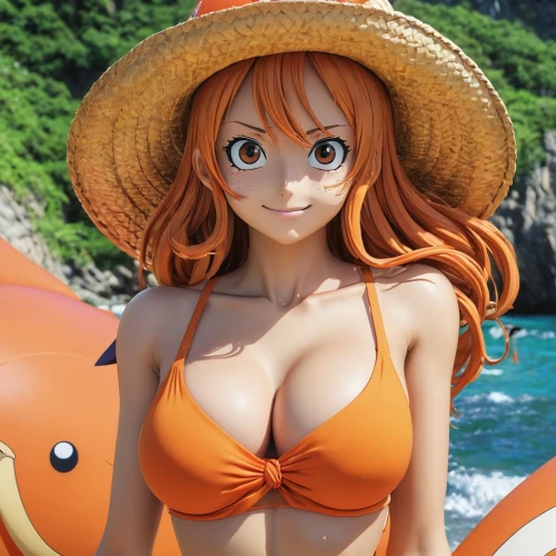 nami,one-piece swimsuit,one piece,straw hat,anime 3d,onepiece,nemo,straw hats,orange,sun hat,sailing orange,asuka langley soryu,kotobukiya,summer swimsuit,oranges,summer hat,swimsuit,jin deui,tan-tan,mock sun hat,Illustration,Japanese style,Japanese Style 14