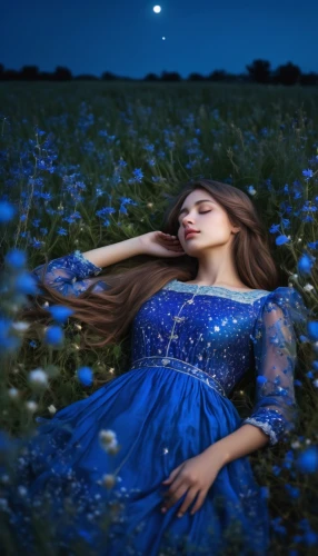 blue moon rose,the sleeping rose,girl lying on the grass,blue enchantress,starry sky,blue moment,forget me not,falling stars,starry night,blue petals,dreaming,moonlit night,falling star,blue rose,closed eyes,blue butterfly background,falling flowers,starry,forget-me-not,night stars,Conceptual Art,Fantasy,Fantasy 11